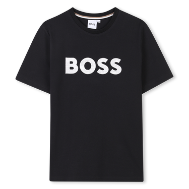 BOSS Playera para niño y adolescente, negra logo tipo parche